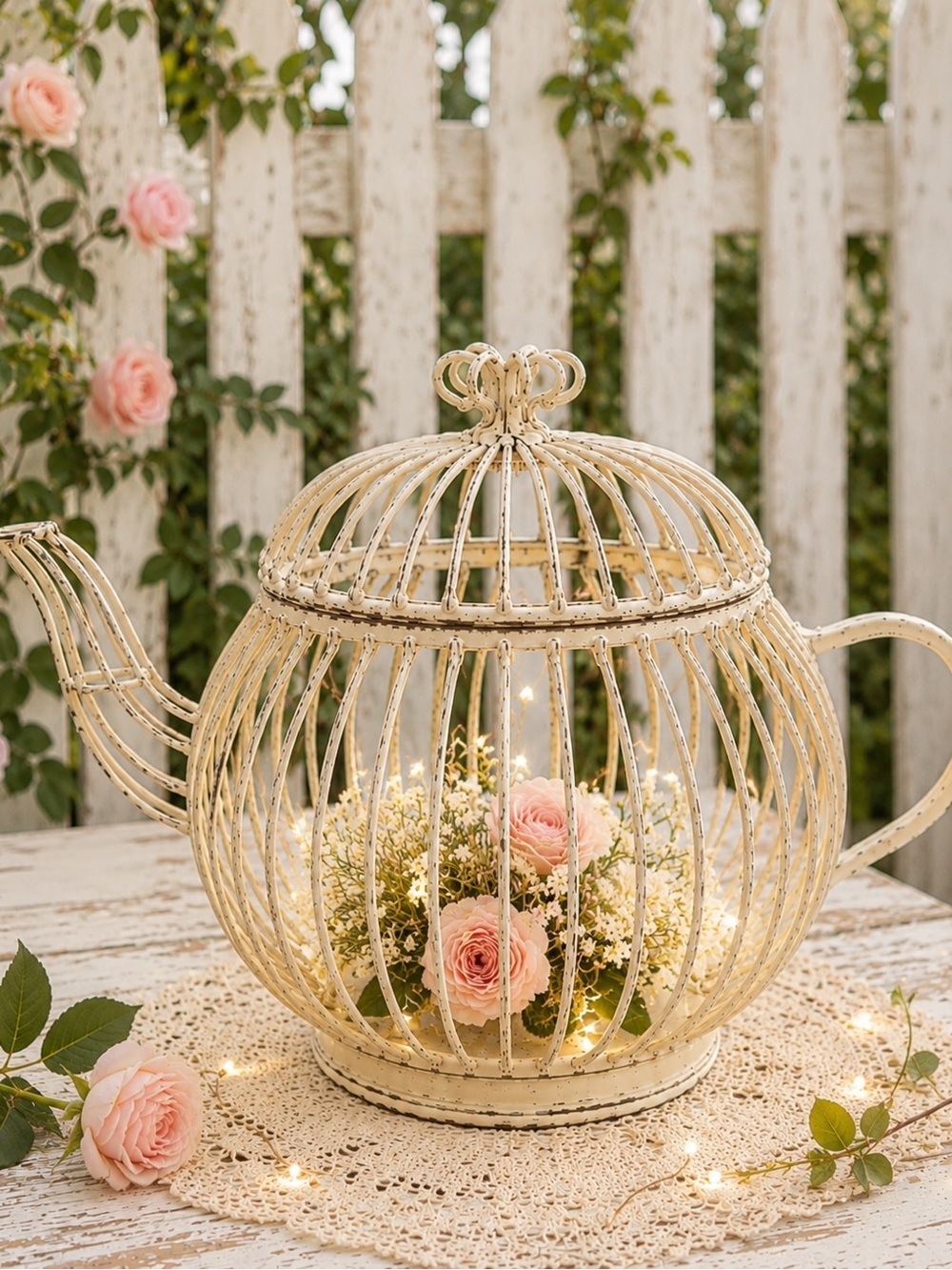 ✨ Fairy Garden Teapot Cottage Metal Birdcage Lantern Shabby Chic Whimsical Decor